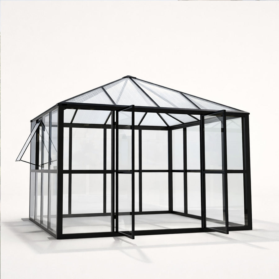 Glaspaviljong 288 x 288 cm – 8,29 m², ventilationsfönster, aluminiumram