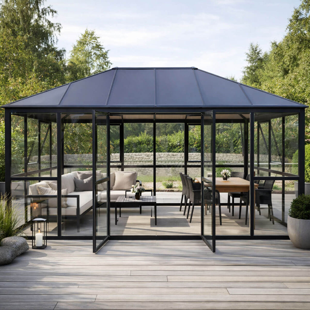 Glaspaviljong 288 x 426 cm – 12,28 m², 2 ventilationsfönster, aluminiumram