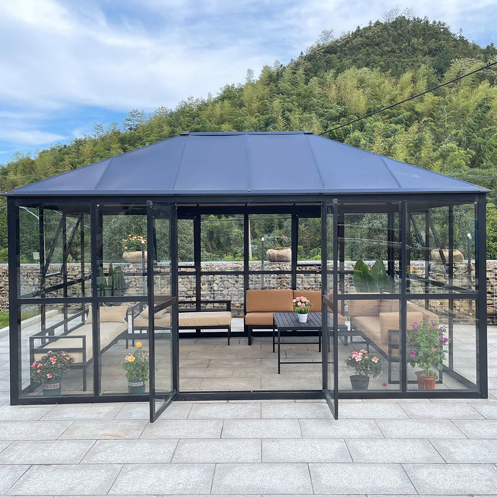 Glaspaviljong 288 x 426 cm – 12,28 m², 2 dörrar, 2 ventilationsfönster
