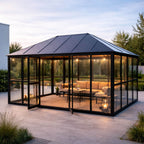 Glaspaviljong 288 x 426 cm – 12,28 m², 2 ventilationsfönster, aluminiumram