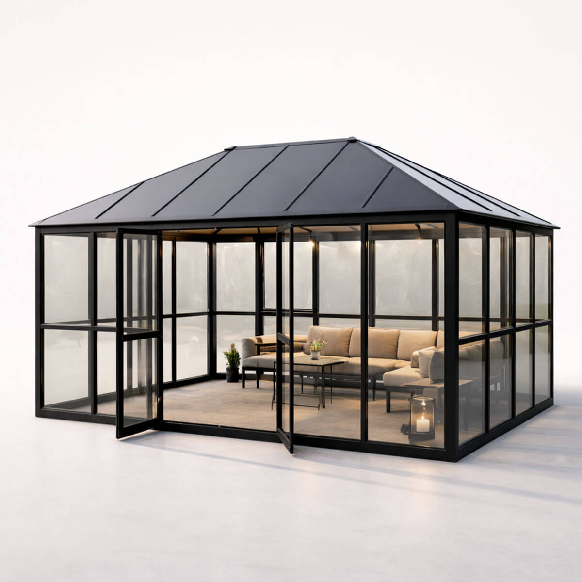 Lasipaviljonki 288 x 426 cm – 12,28 m², 2 tuuletusikkunaa, alumiinirunko