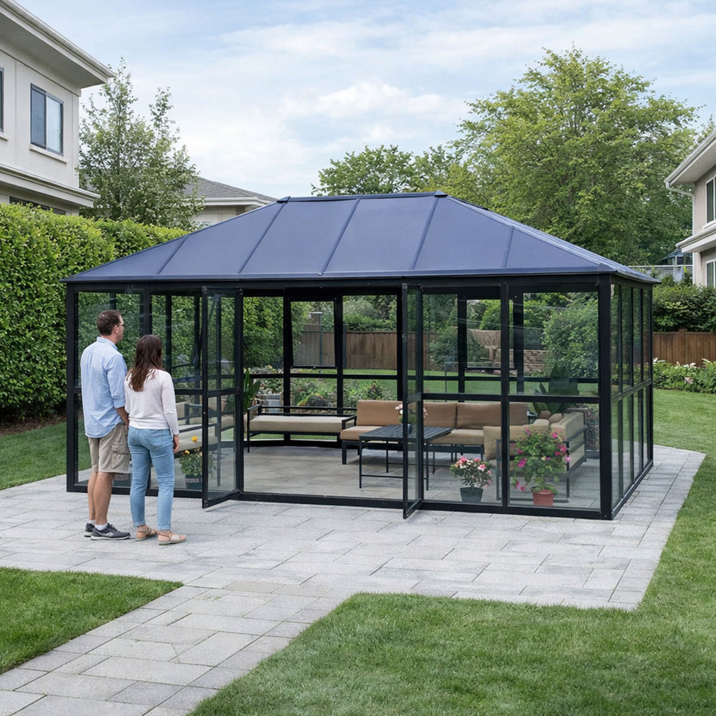 Glaspaviljong 288 x 426 cm – 12,28 m², 2 ventilationsfönster, aluminiumram