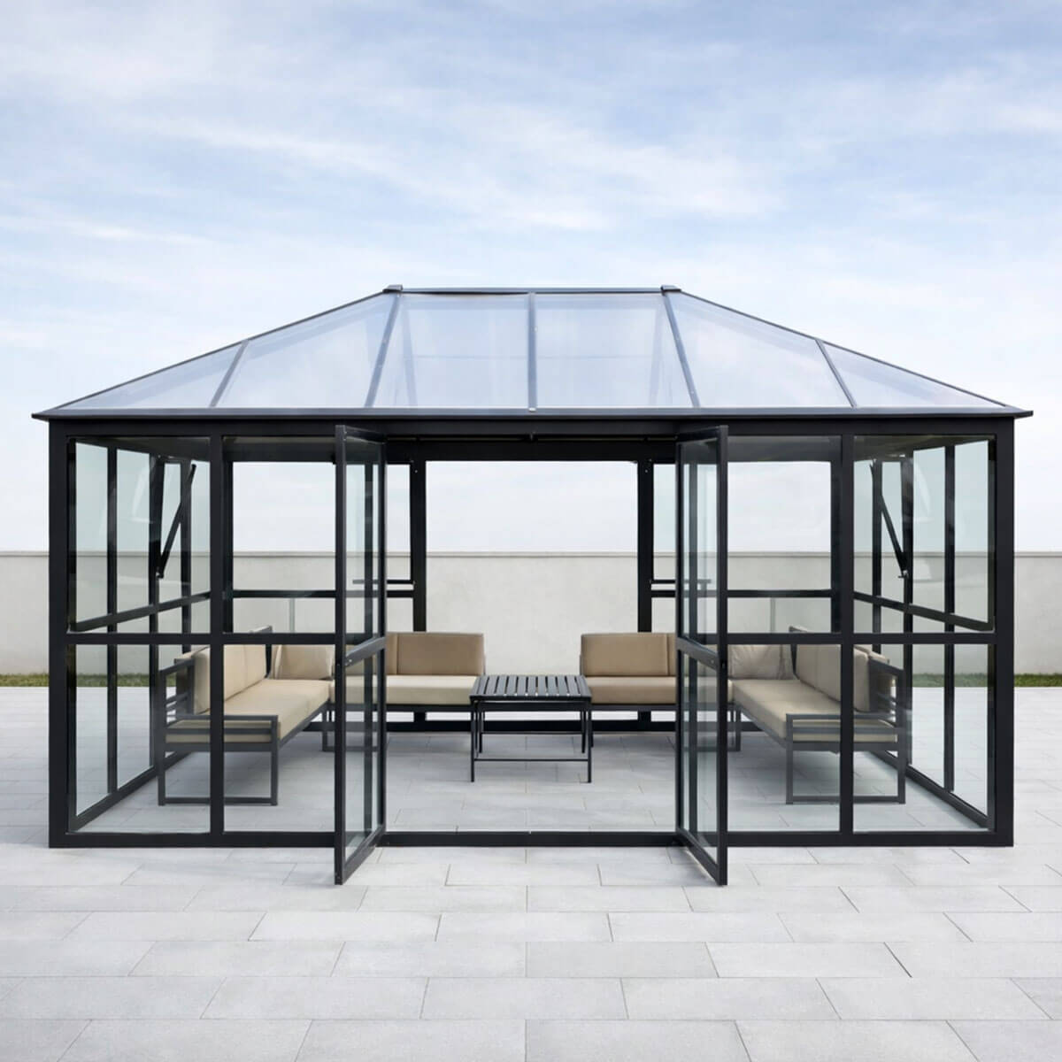 Lund & Leaf Glass Pavilion / Glaspaviljong med dubbeldörrar, 288 x 426 x 275 cm, svart, aluminiumram