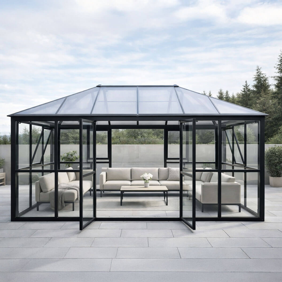 Lund & Leaf Glass Pavilion / Glaspaviljong med dubbeldörrar, 288 x 426 x 275 cm, svart, aluminiumram
