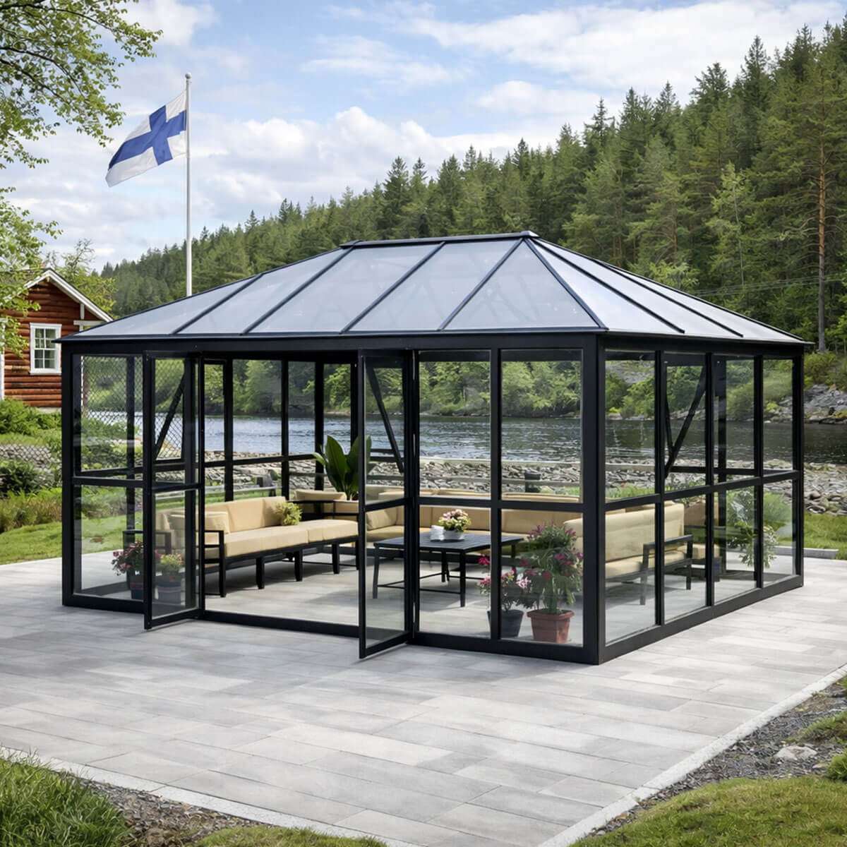 Lund & Leaf Glass Pavilion / Glaspaviljong med dubbeldörrar, 288 x 426 x 275 cm, svart, aluminiumram