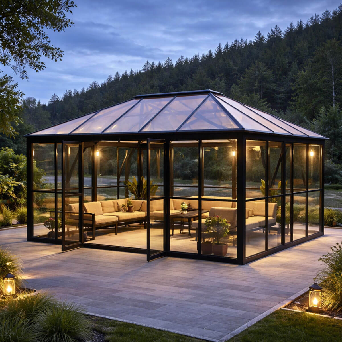 Lund & Leaf Glass Pavilion / Glaspaviljong med dubbeldörrar, 288 x 426 x 275 cm, svart, aluminiumram