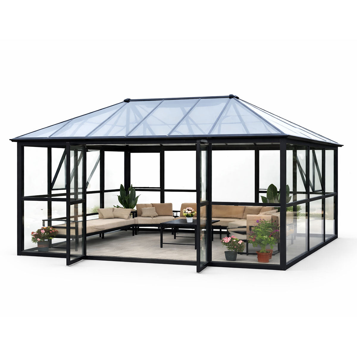 Lund & Leaf Glass Pavilion / Glaspaviljong med dubbeldörrar, 288 x 426 x 275 cm, svart, aluminiumram