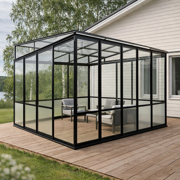 Lasipaviljonki 370 x 290 cm – 3,6 mm karkaistu lasi, 4 mm PC-katto, 3 ovea