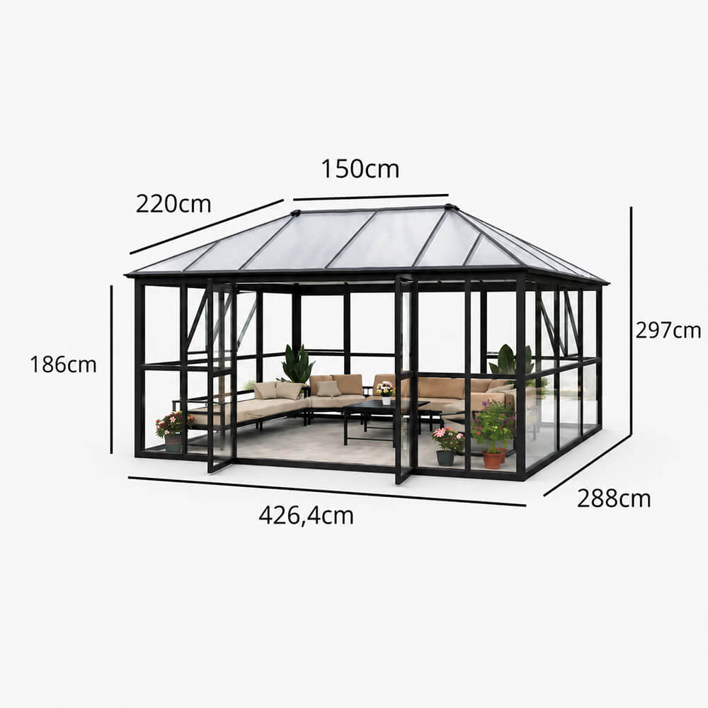 Lasipaviljonki 288 x 426 cm – 12,28 m², 2 ovea, 2 tuuletusikkunaa
