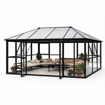 Lasipaviljonki 288 x 426 cm – 12,28 m², 2 ovea, 2 tuuletusikkunaa