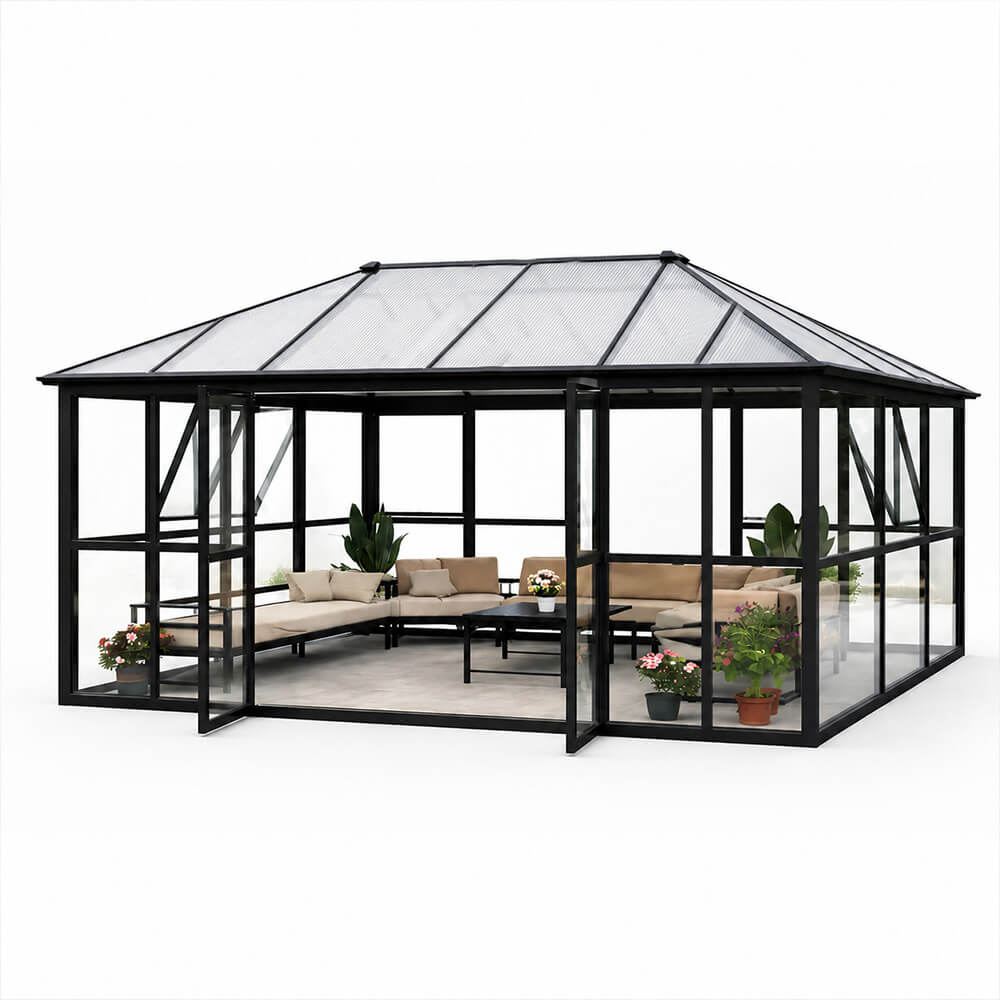 Lasipaviljonki 288 x 426 cm – 12,28 m², 2 ovea, 2 tuuletusikkunaa
