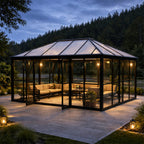 Lasipaviljonki 288 x 426 cm – 12,28 m², 2 ovea, 2 tuuletusikkunaa