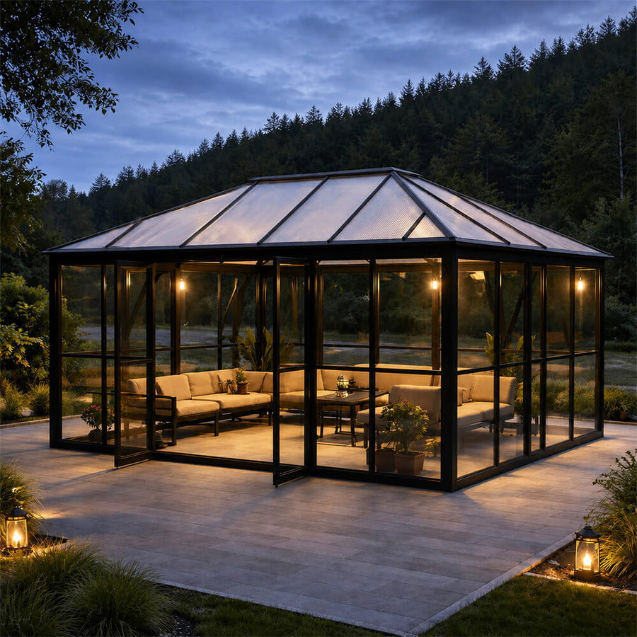 Lasipaviljonki 288 x 426 cm – 12,28 m², 2 ovea, 2 tuuletusikkunaa