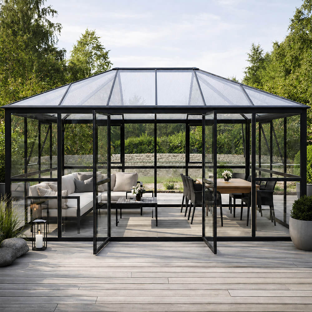 Glaspaviljong 288 x 426 cm – 12,28 m², 2 ventilationsfönster, aluminiumram