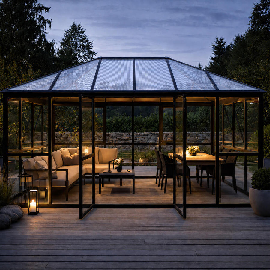 Lasipaviljonki 288 x 426 cm – 12,28 m², 2 tuuletusikkunaa, alumiinirunko