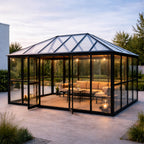Glaspaviljong 288 x 426 cm – 12,28 m², 2 ventilationsfönster, aluminiumram