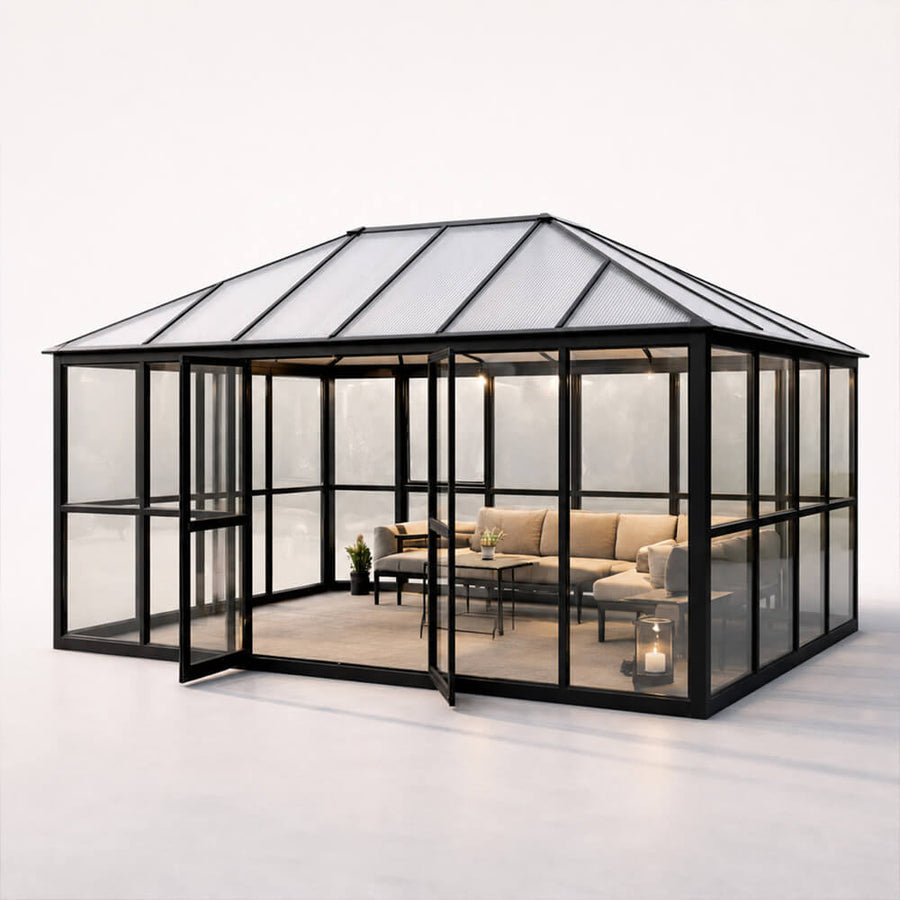 Lasipaviljonki 288 x 426 cm – 12,28 m², 2 tuuletusikkunaa, alumiinirunko