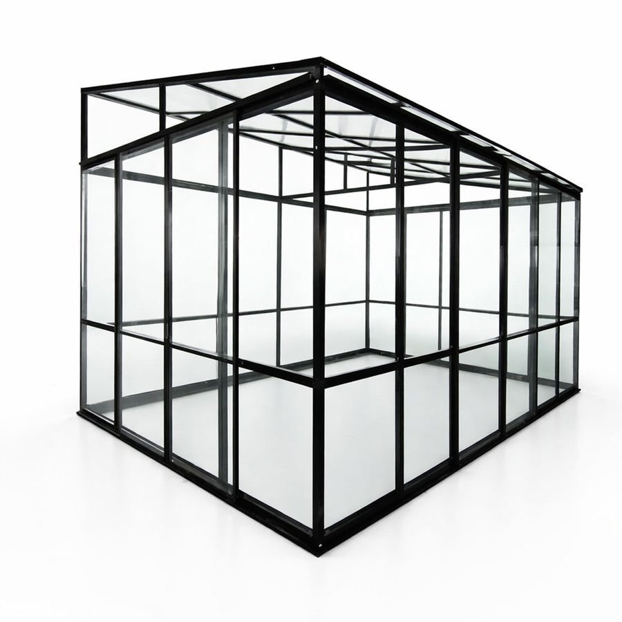 Glaspaviljong 370 x 290 cm – 3,6 mm härdat glas, 4 mm PC-tak, 3 dörrar
