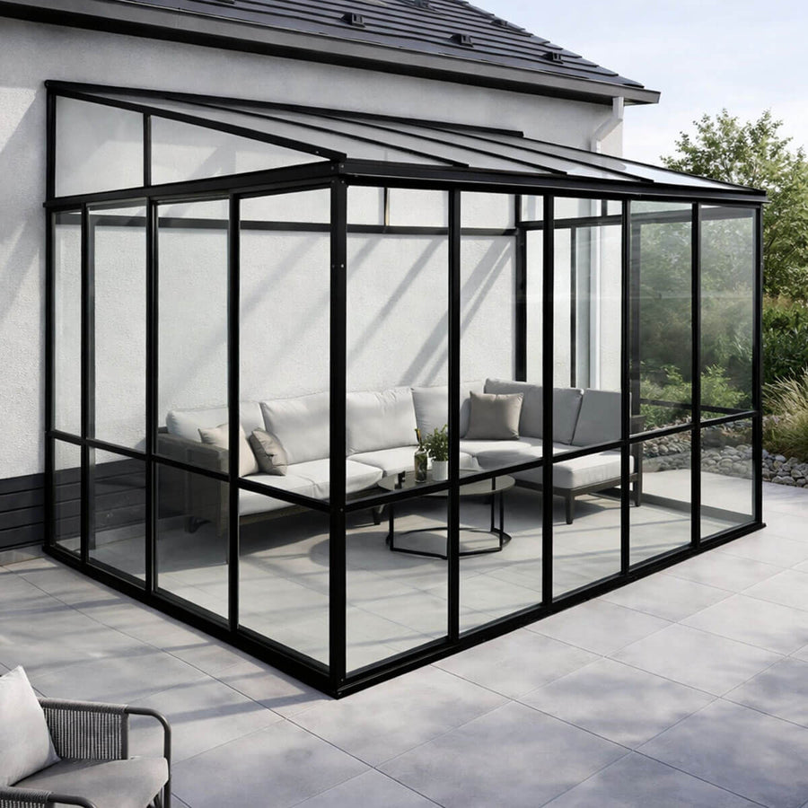 Glaspaviljong 370 x 290 cm – 3,6 mm härdat glas, 4 mm PC-tak, 3 dörrar