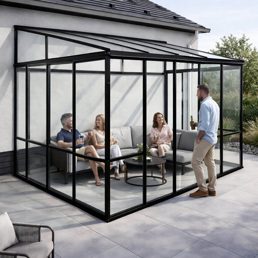 Glaspaviljong 370 x 290 cm – 3,6 mm härdat glas, 4 mm PC-tak, 3 dörrar