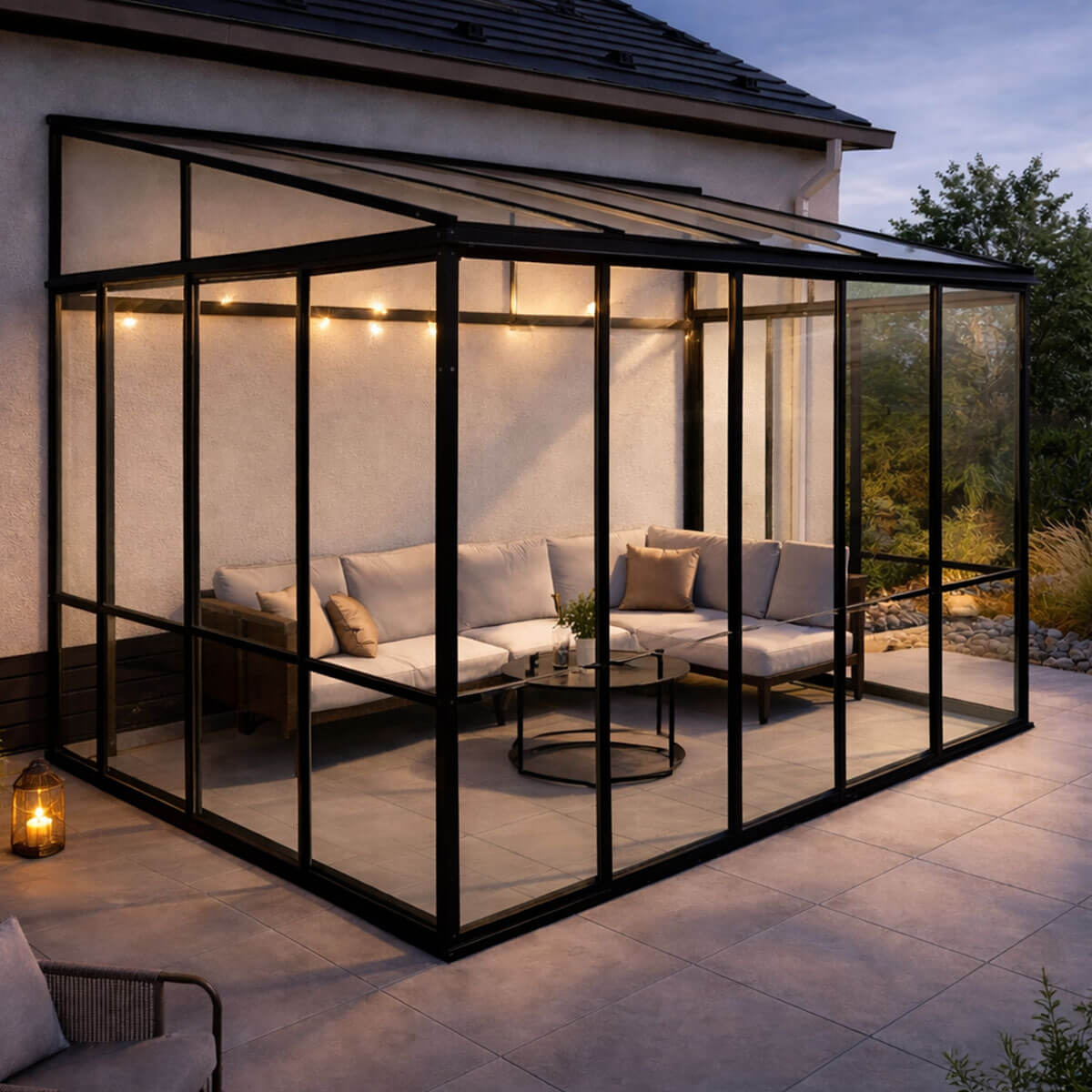 Lasipaviljonki 370 x 290 cm – 3,6 mm karkaistu lasi, 4 mm PC-katto, 3 ovea