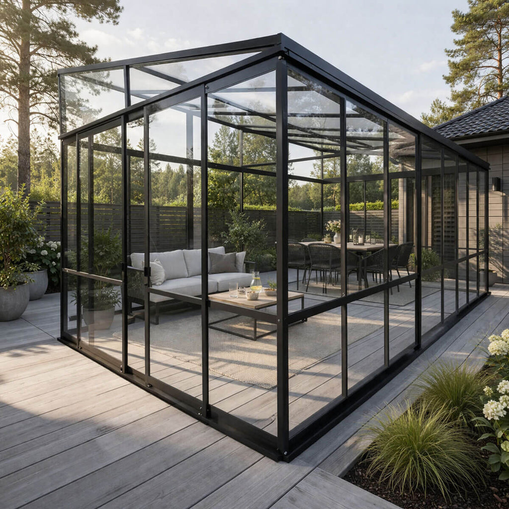 Glaspaviljong 510 x 290 cm – 3,6 mm härdat glas, 4 mm PC-tak, 3 skjutdörrar