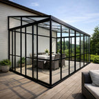 Glaspaviljong 510 x 290 cm – 3,6 mm härdat glas, 4 mm PC-tak, 3 skjutdörrar
