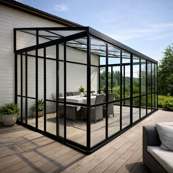 Lasipaviljonki 510 x 290 cm – 3,6 mm karkaistu lasi, 4 mm PC-katto, 3 liukuovea