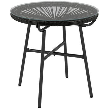 Boho-tyylinen rottinkinen sivupöytä lasikannella, Ø50 cm, musta
