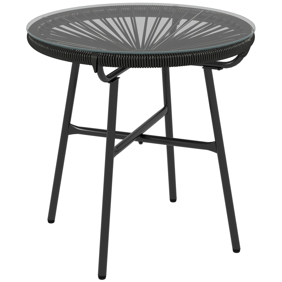 Boho-tyylinen rottinkinen sivupöytä lasikannella, Ø50 cm, musta