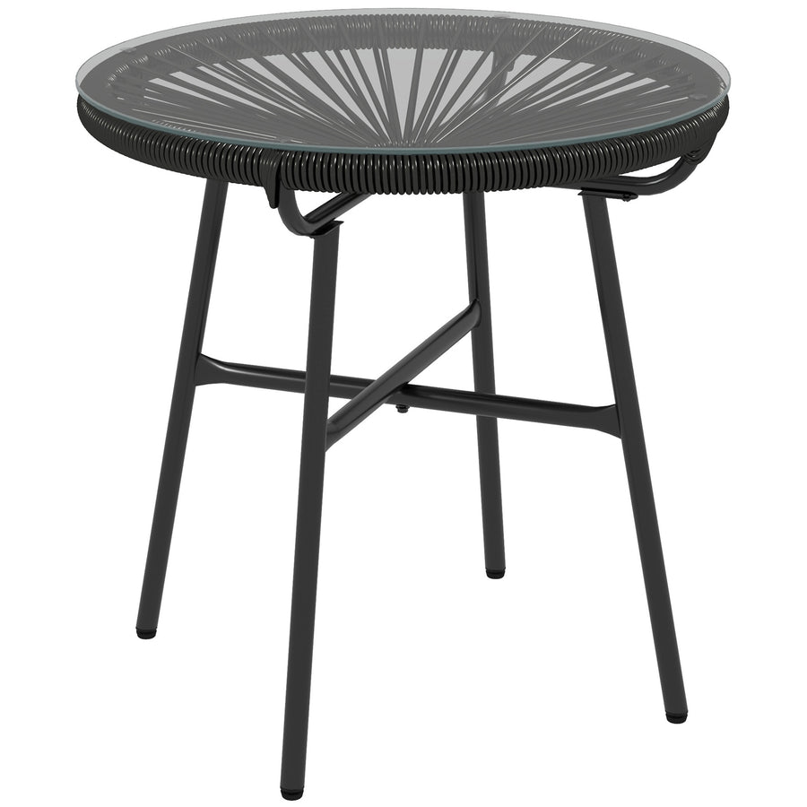 Boho-tyylinen rottinkinen sivupöytä lasikannella, Ø50 cm, musta