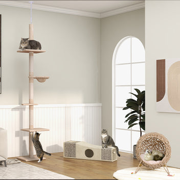 Kissan leikkitunneli kahdella pesällä ja raapimispinnoilla, 98 cm, ruskea/beige