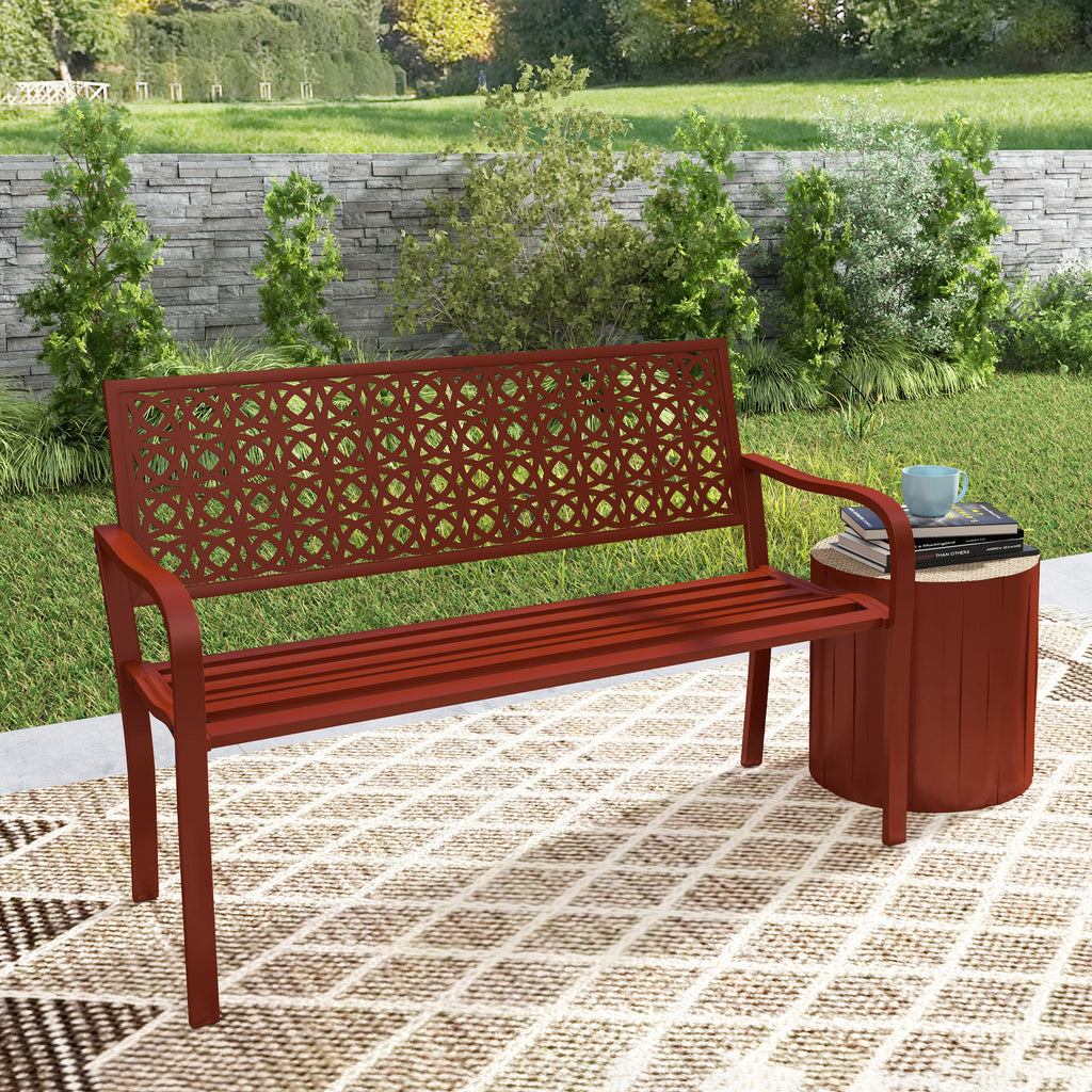 Teräksinen puutarhapenkki koristeellisella selkänojalla, 2-istuttava, 127 cm, punainen