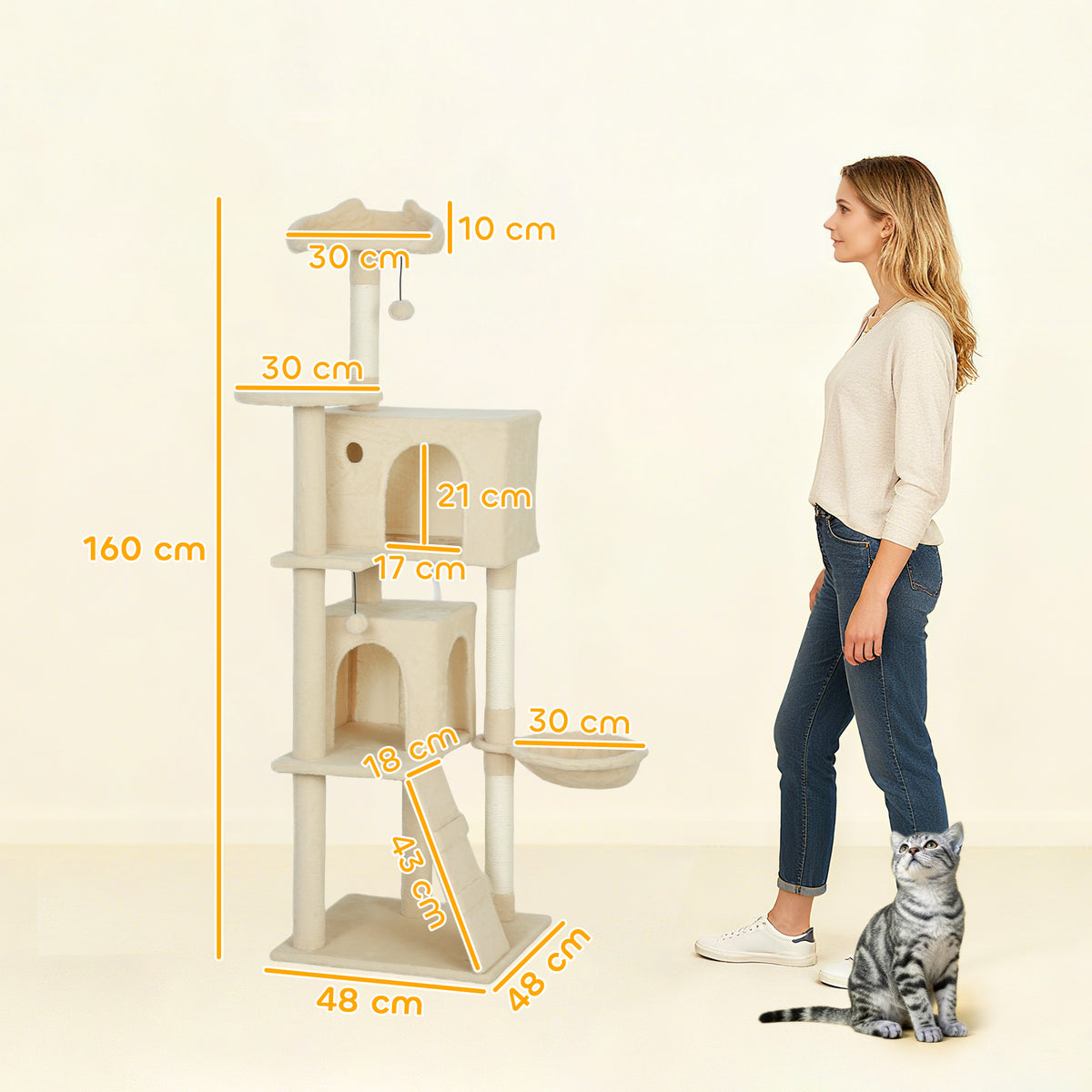 Kissan raapimispuu kahdella pesällä, riippumatolla ja tikkailla, 160 cm, beige