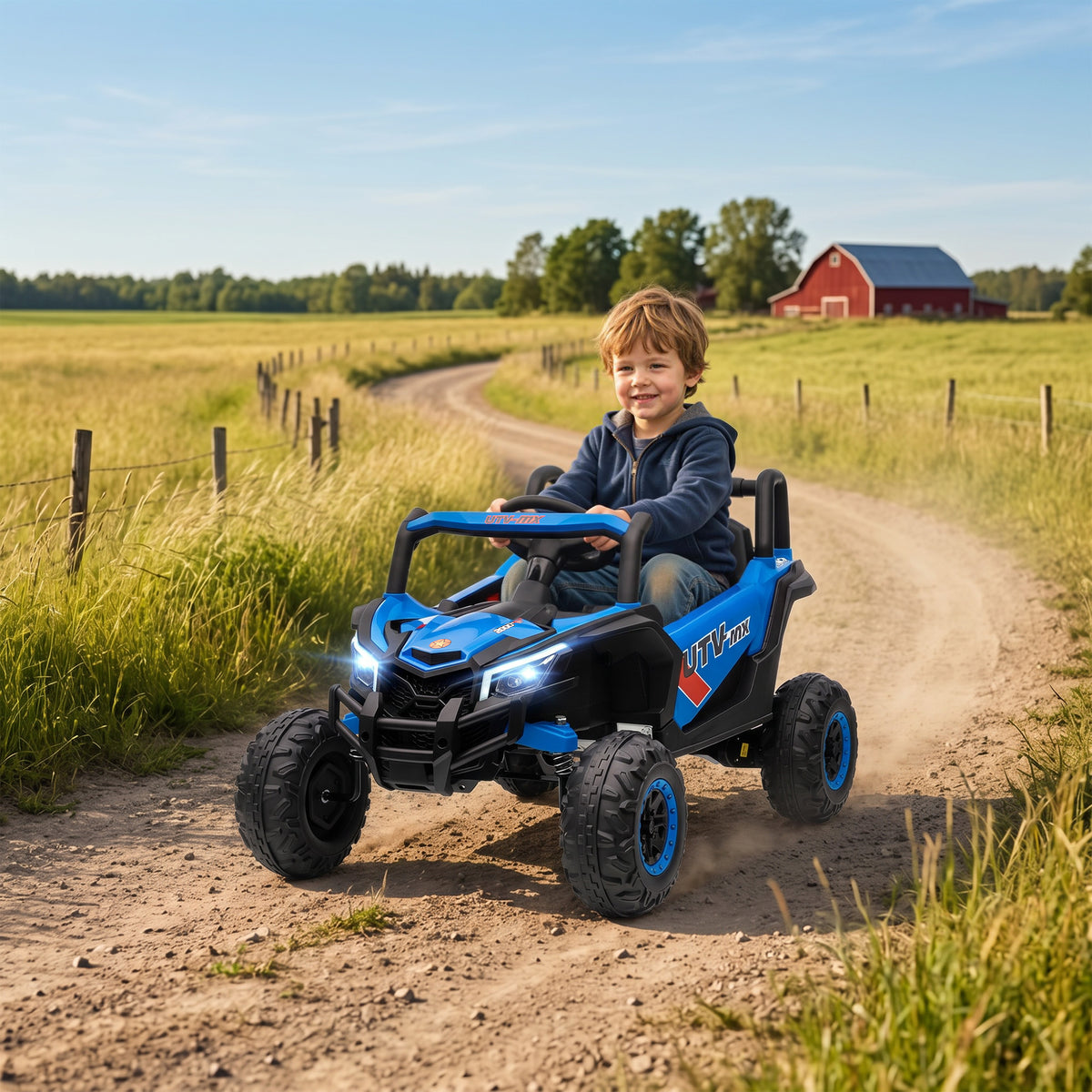 Lasten sähkömaastoauto UTV 12V, kaukosäädin, jousitus ja LED, 3–7 km/h, 3–5 v, sininen