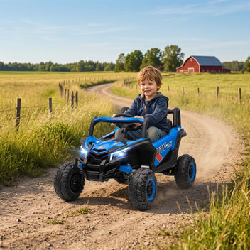 Lasten sähkömaastoauto UTV 12V, kaukosäädin, jousitus ja LED, 3–7 km/h, 3–5 v, sininen