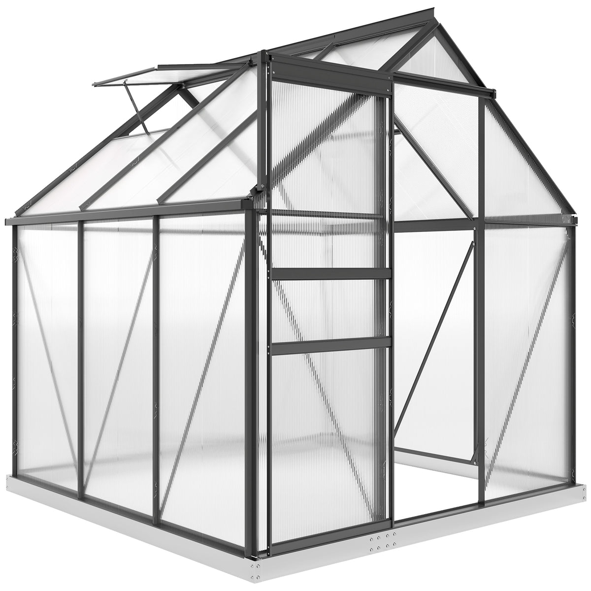 Alumiininen polykarbonaattikasvihuone perustuksella ja kattoikkunalla, 3,6 m², harmaa