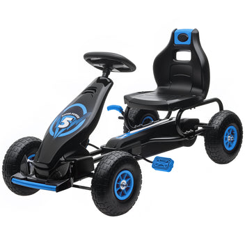 Lasten polkuautokartingauto kumirenkailla, säädettävä istuin, 5–12 v, sininen/musta