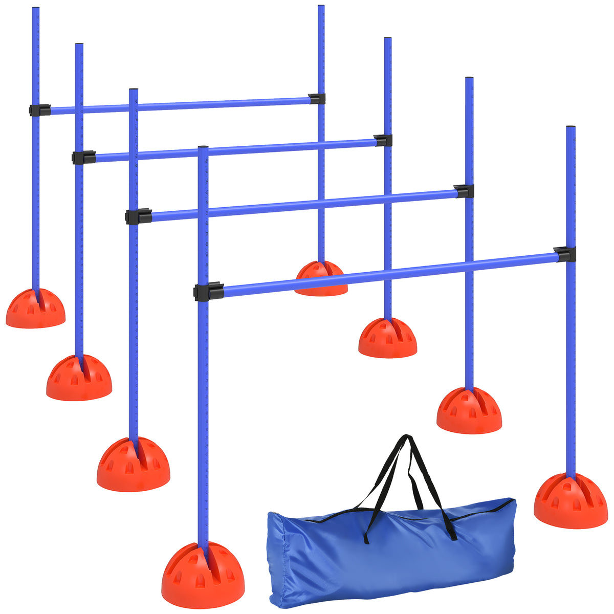 Koiran agility-hyppyesteet 4 kpl, korkeus 15–95 cm, täytettävät jalustat, kantolaukku, sininen