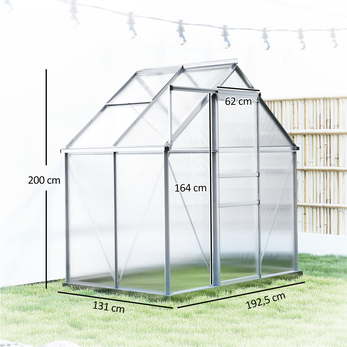 Alumiininen polykarbonaattikasvihuone perustuksella ja kattoikkunalla, 2,5 m², hopea