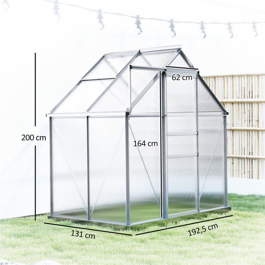 Alumiininen polykarbonaattikasvihuone perustuksella ja kattoikkunalla, 2,5 m², hopea