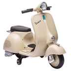 Lasten sähkömopo Vespa litiumakulla, tukipyörät, pehmeä lähtö, USB ja musiikki, 3 v+, valkoinen