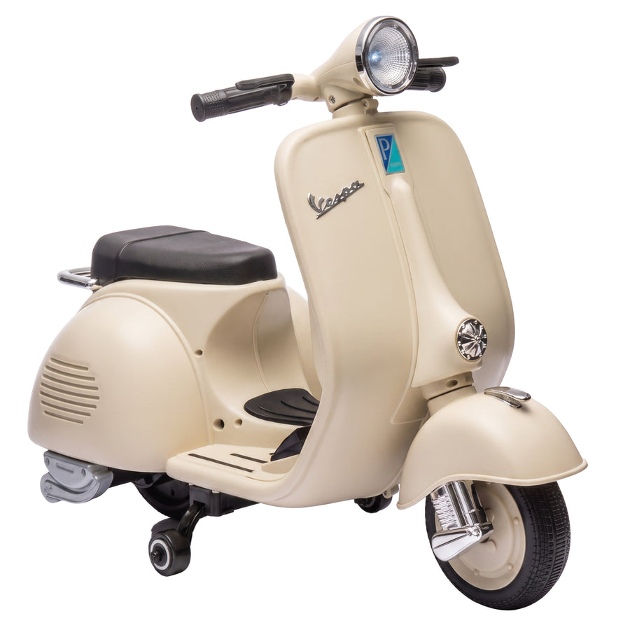 Lasten sähkömopo Vespa litiumakulla, tukipyörät, pehmeä lähtö, USB ja musiikki, 3 v+, valkoinen