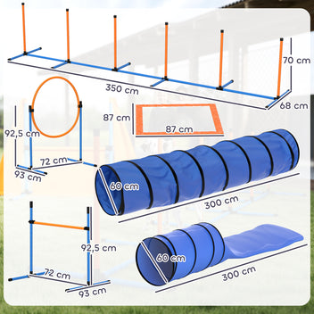 Koiran agility-setti 11 osaa: 2 tunnelia, esteet, rengas ja pujottelukepit, säädettävä, oranssi