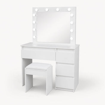 Sminkbord Julia med Hollywood-spegel och stol, vitt 94 x 43 x 140 cm