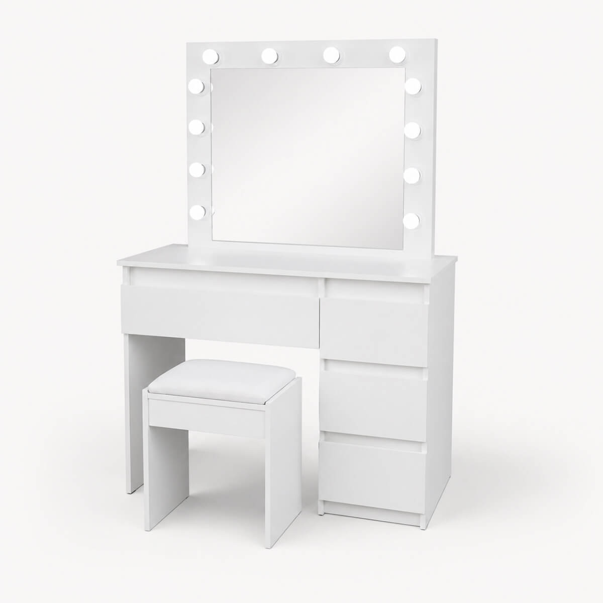 Sminkbord Julia med Hollywood-spegel och stol, vitt 94 x 43 x 140 cm