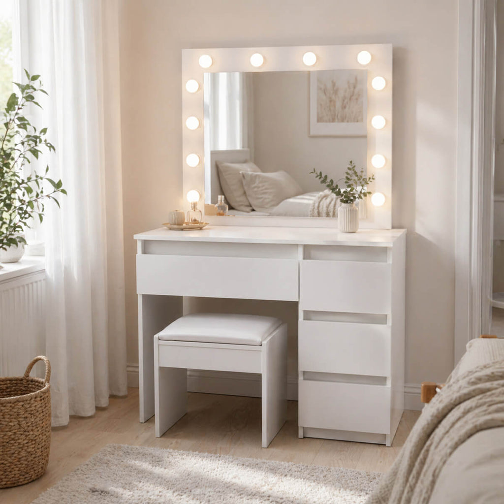 Sminkbord Julia med Hollywood-spegel och stol, vitt 94 x 43 x 140 cm