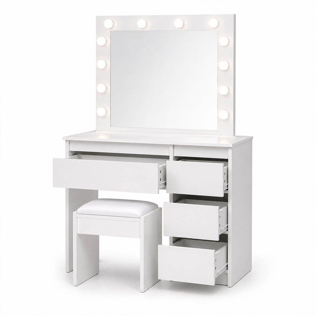 Sminkbord Julia med Hollywood-spegel och stol, vitt 94 x 43 x 140 cm