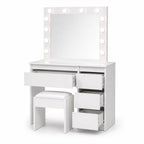 Sminkbord Julia med Hollywood-spegel och stol, vitt 94 x 43 x 140 cm