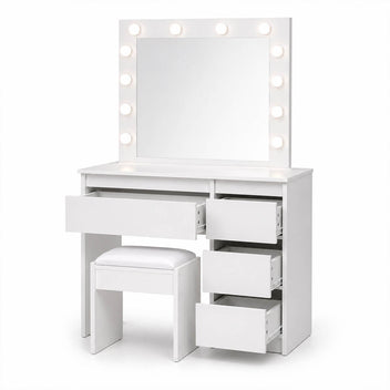 Sminkbord Julia med Hollywood-spegel och stol, vitt 94 x 43 x 140 cm
